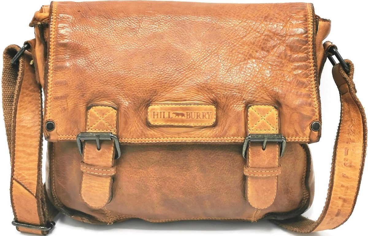 Hillburry leren vintage schoudertas gewassen leer - (bxhxd) ca. 29cm x 23cm x 6,5cm - cognac bruin
