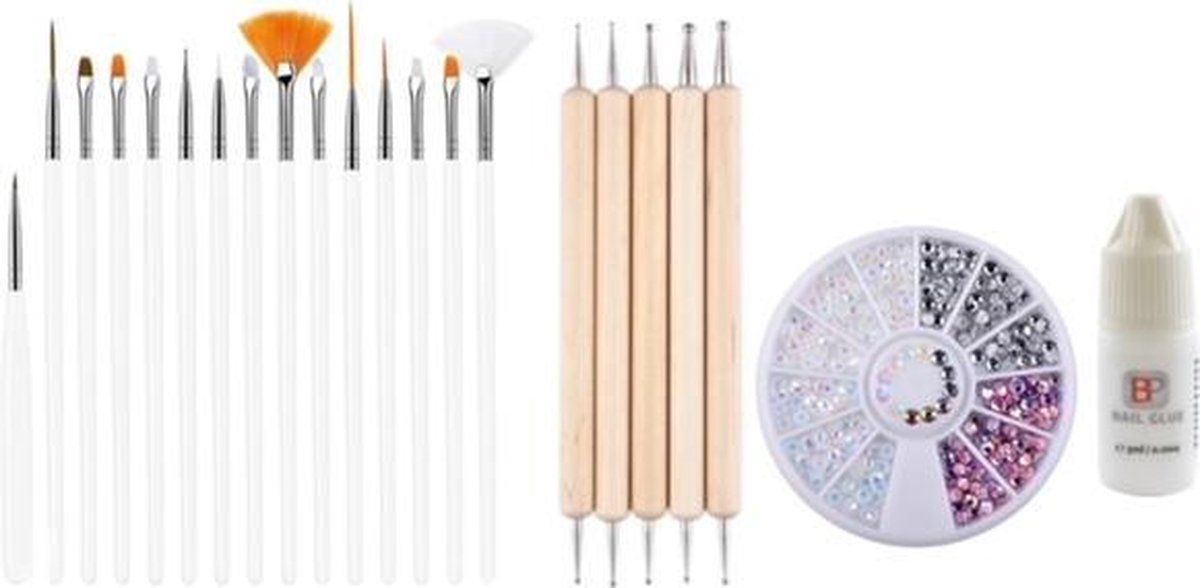 Goedkoopste GUAPÀ - Nagel Penselen Set Wit Rhinestones Parelmoer Druppel & Dotting Pennen Nagellijm - Nail Art, Acryl & Gel Nagels - 4 Delige Set