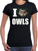 I love owls t-shirt met dieren foto van een uil zwart voor dames - cadeau shirt Oehoe uilen liefhebber XL