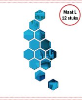 Hexagon plakspiegel - 100x85x50mm - 12 stuks - Wandspiegel zonder boren - Decoratieve blauwkleurige plakspiegel
