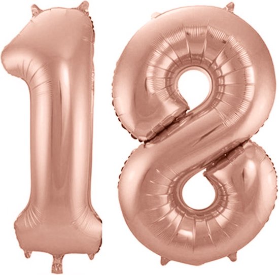 Folie ballon cijfer 18 jaar – 80 cm hoog – Rose goud - met gratis rietje – Feestversiering - Verjaardag