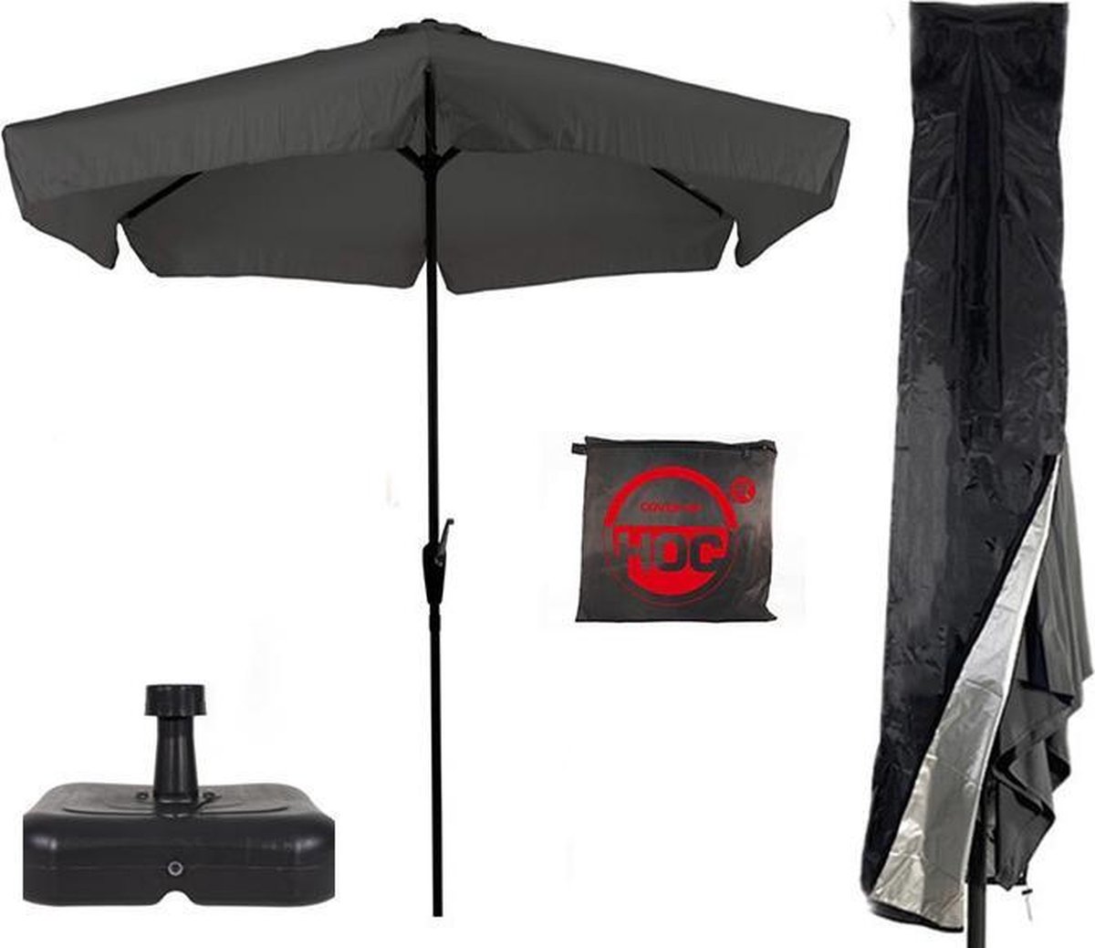 Parasol + Parasolvoet + Parasolhoes ( Grijs / Antraciet - vulbare parasolvoet - CUHOC Parasolhoes )
