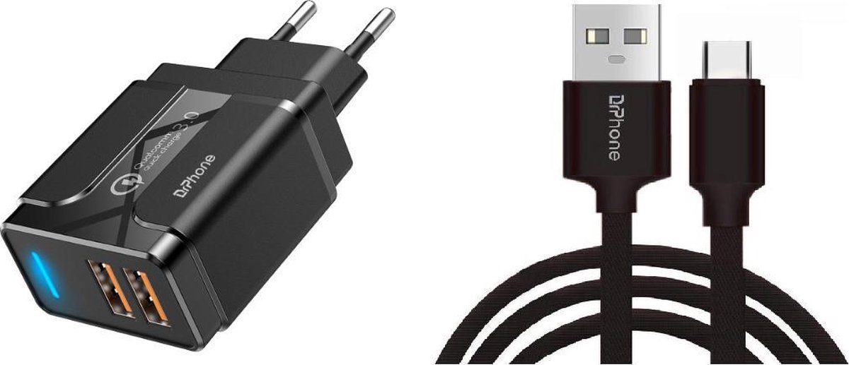 DrPhone - 2 Meter Kabel - USB-C - Oplaadkabel – 18W Dubbele Qualcom 3.0 Quick Charge - Geschikt Voor PS5 - Adapter - Snel Lader – Zwart