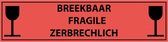 Breekbaar 3-talig sticker 200 x 50 mm, oranje/zwart