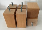 Set van 6 houten meubelpoten Natuurkleur beuken 12 cm hoogte 6x6 cm met M8 draadeinde Boxspring bedden banken