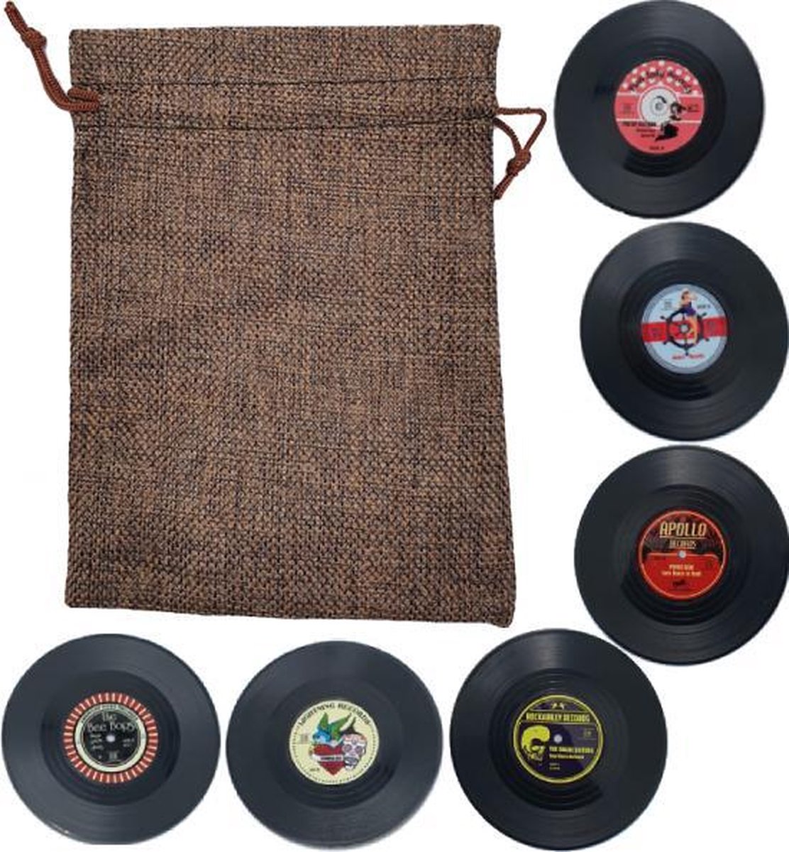 Retro Rockabilly LP Vinyl Onderzetters - 6 stuks - Met Bruin Opbergzakje - oDaani