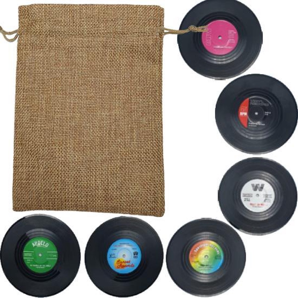 Retro LP Vinyl Onderzetters - 6 stuks – Met Beige Opbergzakje - oDaani