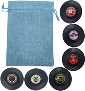 Retro Rockabilly LP Vinyl Onderzetters - 6 stuks - Met Licht Blauw Opbergzakje - oDaani