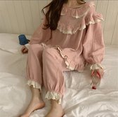 MKL - Meisje pyjama -  Ruche Peter Pan Kraag Pyjama -Slapenkleding  - Set van 2 Blouse en broek/ pantalon Lounge Lolita nachtkleding - Kleur roze- Maat S/M - Set van 2 deling  Top