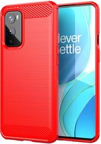 OnePlus 9 hoesje - MobyDefend TPU Gelcase - Geborsteld Metaal + Carbonlook - Rood - GSM Hoesje - Telefoonhoesje Geschikt Voor: OnePlus 9