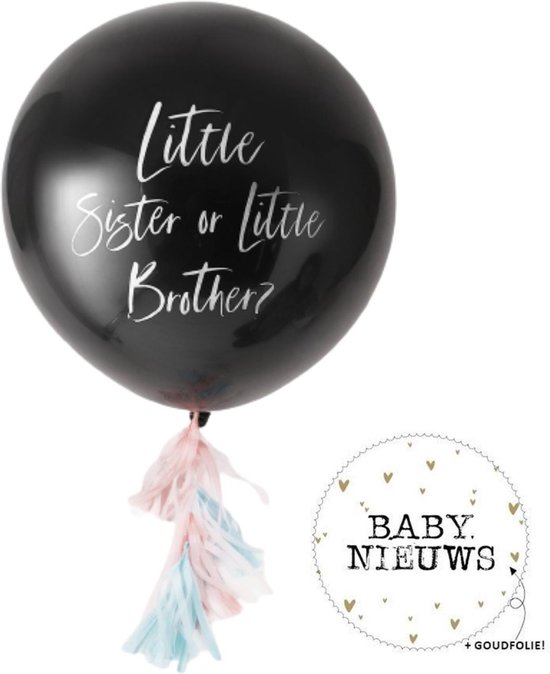 Little sister or little brother - Gender reveal ballon + 10x babynieuws sticker