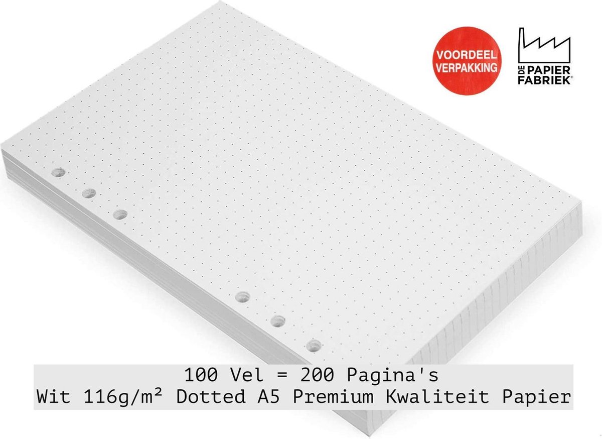 Aanvulling Dotted 116g/m² Wit Notitiepapier voor A5 Succes, Filofax of Kalpa Planners 100 vel = 200 Pag