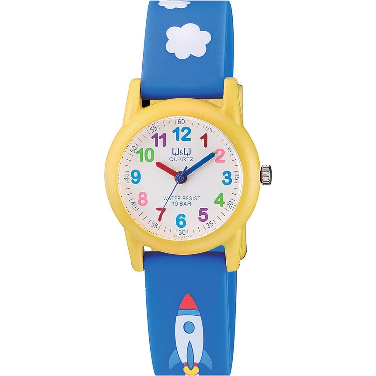 QQ VR99J003Y - Horloge - Sport - Analoog - Kinderen - Unisex - Plastic band - Rond - Kunststof - Cijfers - Raket - Wolk - Blauw - Geel - Wit - Multi - 10 ATM
