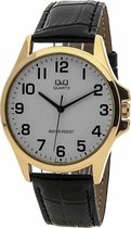 Q&Q QA06J104Y - Horloge - Heren - Mannen - Leren band - Rond - Staal - Zwart - Goudkleurig