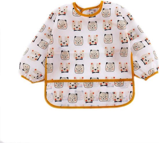 1 Stuk - Slabbetje lange mouwen met brede opvangbak - Oranje beer - 0-2 jaar - kliederschort - verfschort