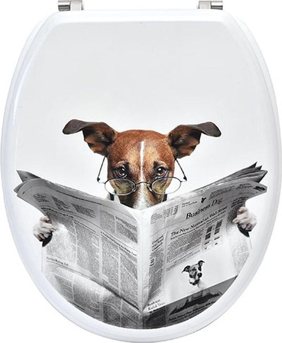 Praktische Toiletbril van MDF – Wit met Hond leest krant design – 18inch – 37,5x46cm - WC bril – Badkamer – Toilet - met Verchroomd stalen scharnieren