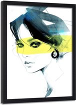 Foto in frame , Vrouw met gele streep op gezicht ,70x100cm , Zwart wit geel , wanddecoratie