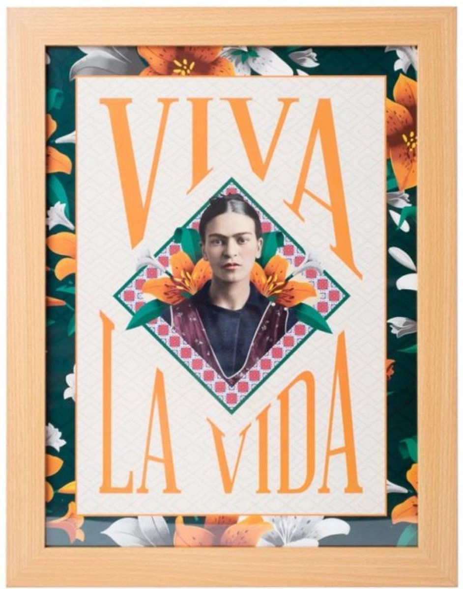 Posterpoint Frida Kahlo Ingelijst fotolijst hout eiken kleur kunst 30 x 40 cm. Multicolor