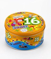 Verjaardag - Snoep - Snoeptrommel - 16 jaar - Gevuld met Drop - In cadeauverpakking met gekleurd lint