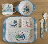 4-delig set - Baby's/ Kinderen - Kinderservies - Servies - Bordje - Kommetje - Bekertje - Bestek Lepel/ Vork - Kinderbestendig - Dolfijnen - 4 delig pakket - Blauw.