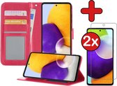 Samsung A52 Hoesje Book Case Met 2x Screenprotector - Samsung Galaxy A52 Hoesje Wallet Case Portemonnee Hoes Cover - Donker Roze