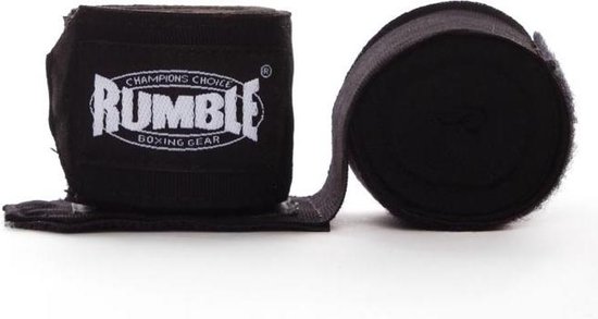 Zwarte bokshandschoenen met witte 'RUMBLE BOXING GEAR' opdruk.