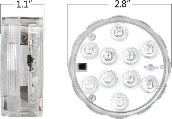 Onderwaterlamp met 10 LED's, 1.1" hoog, 2.8" diameter.
