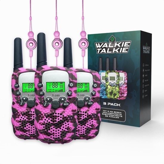 M.Y.© Premium Walkie Talkie Voor Kinderen en Volwassenen 3-PACK – Portofoon Tot 5 KM Bereik – Gratis Koordjes - Camouflage Roze