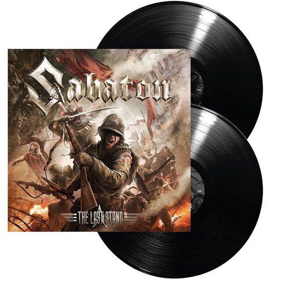 Sabaton The Last Stand albumhoes en twee zwarte vinylplaten, gevechtsillustratie.