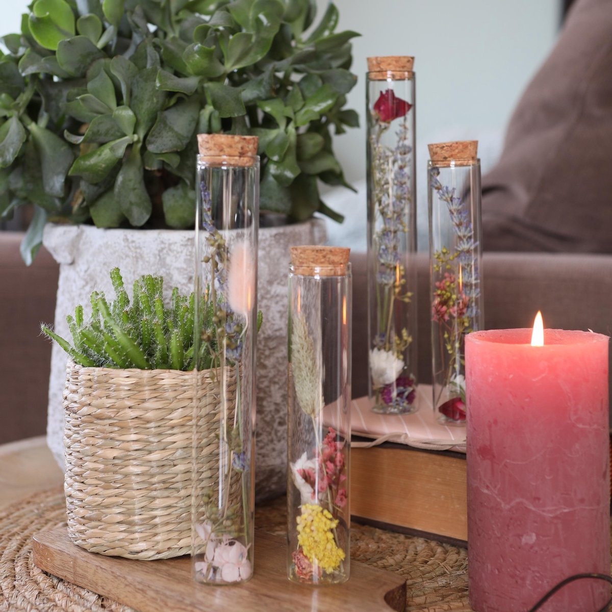 Dried Flowers in Glass with Candles, Dried Flower Set with Vase, 2 Pieces, Dried Flower Decoration, Bottles Candle Holder with Eternal Flowers, Gifts for Women (Blue