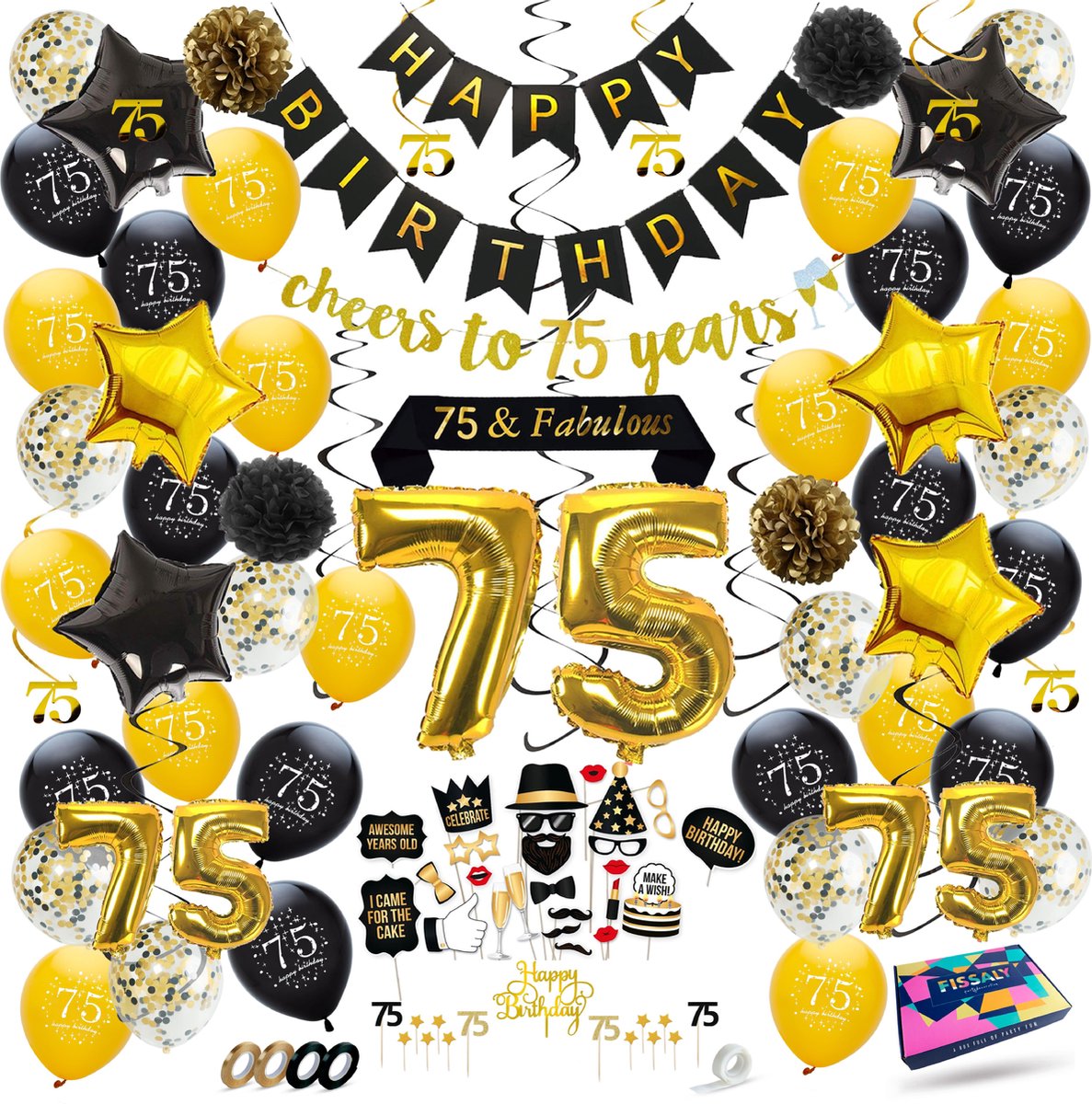 FissalyÂ® 75 Jaar Verjaardag Decoratie Versiering - Ballonnen â€“ Helium, Latex & Papieren Confetti Ballonnen- Zwart en Goud