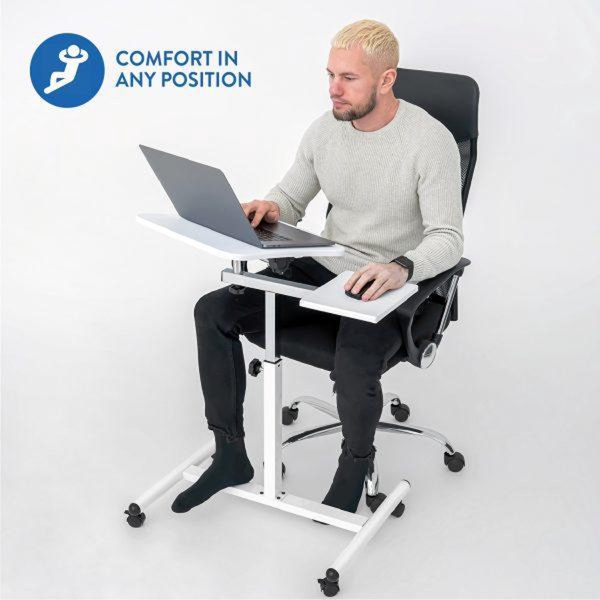 Kantelbare laptoptafel op wielen wit, verstelbaar 72-110cm, muisplank, geschikt voor 7-17 inch laptops - Afbeelding 3