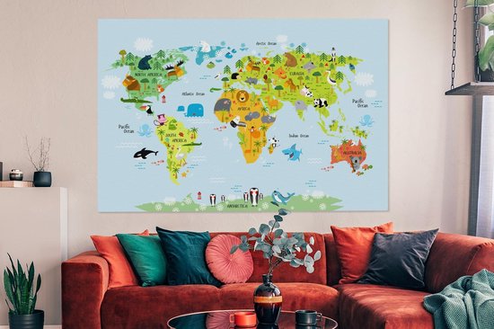 Bol Com Grote Wanddecoratie Wereldkaart Voor Kinderen Dieren Canvas 150x100 Cm Xxl Decoratie
