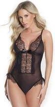 Sheer Crotchless Teddy with Eyelash Lace - Black