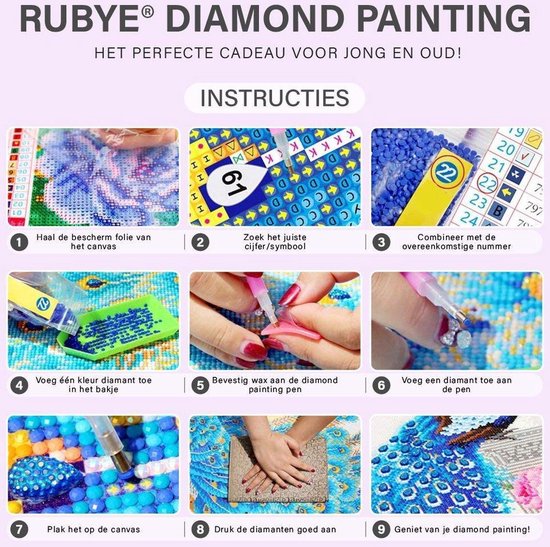 Instructions pour la peinture diamant avec des images du processus et des matériaux nécessaires. Texte : RUBYE® DIAMOND PAINTING.
