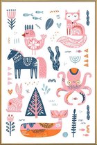 JUNIQE - Poster met kunststof lijst Patchwork Animals -13x18 /Roze &