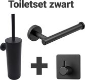 Waal © - Set de toilette - Set de Toilettes - Brosse de toilette - Brosse de toilette - serviette - crochet - support - Zwart - noir mat - autocollant - vis - porte rouleau WC - porte serviette - crochet serviette