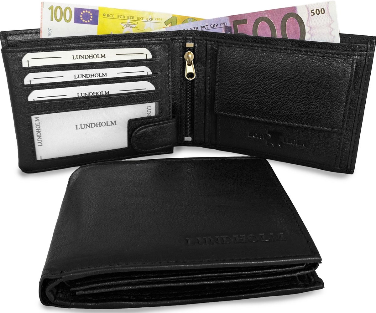 Lundholm heren portemonnee heren leer zwart met RFID anti-skim bescherming - zeer soepel nappa leer - mannen cadeautjes - cadeau voor vriend
