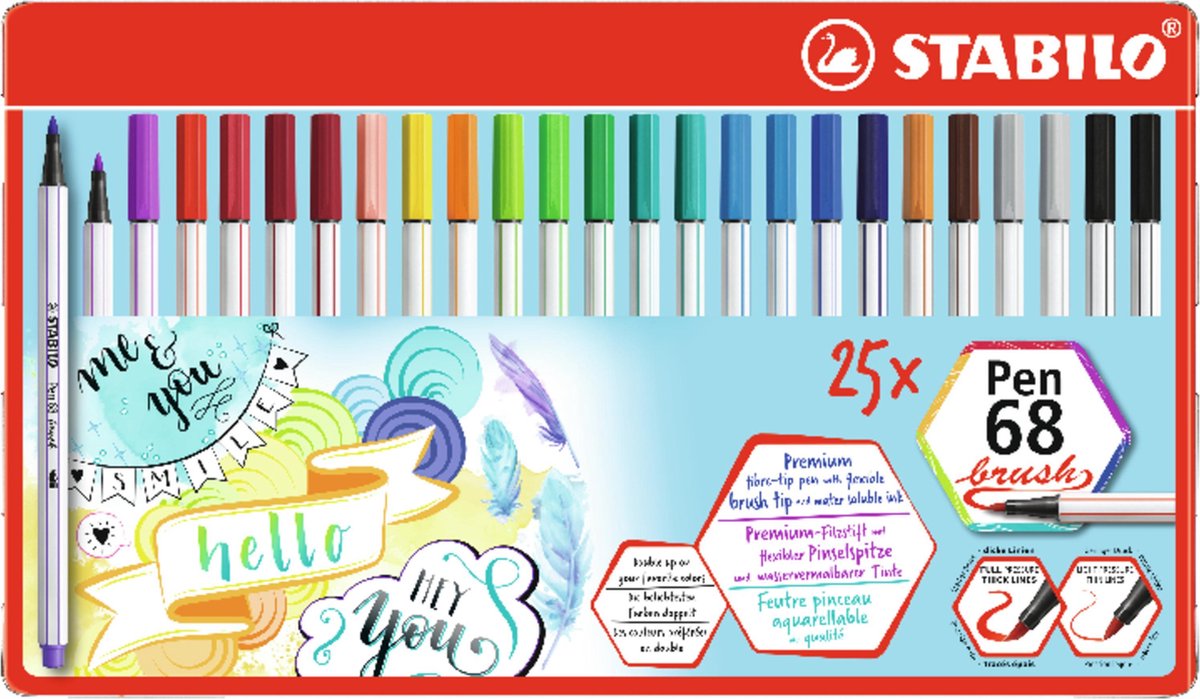 STABILO Pen 68 Brush - Premium Brush Viltstift - Met Flexibele Penseelpunt - Etui Met 19 Verschillende Kleuren