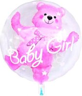 Een meisje geboren - ballon - baby girl - met beer die zich ook opblaast - rond - 57 centimeter doorsnede - geboorte - gender reveal - babyshower