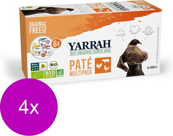 Yarrah Bio Hond Mult-Pack Alu Kuip - Kip, Kalkoen & Rund - Hondenvoer - 4 x (6 x 150 g)