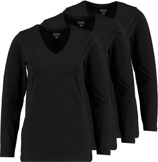 Zeeman dames T-shirt lange mouw - zwart - maat 46 - 3 stuks | bol