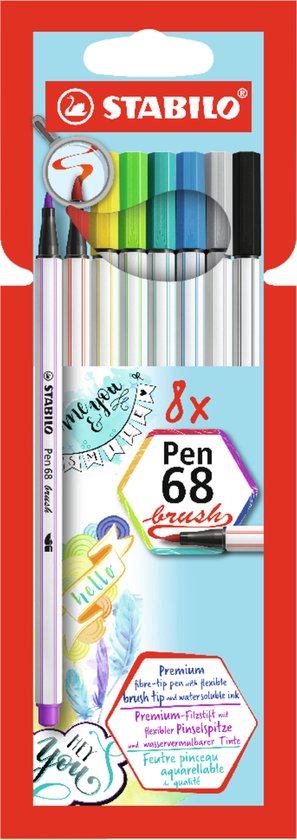 STABILO Pen 68 - Premium Brush Viltstift - Met Flexibele Penseelpunt - Etui Met 8 Verschillende Kleuren
