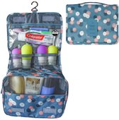 Reismonkey Ophangbare Toilettas met Haak – Blauw/Grijs met Bloemen print – Travel Bag Organizer voor Dames/Meisje – Hangende Make-up Tas/Cosmetic Bag – Reizen - Cadeau voor Dames/V