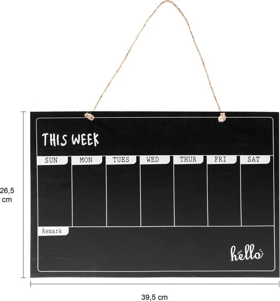 QUVIO Planbord - Memobord krijtbord - Wandborden - Krijtbord - Weekplanner voor kantoor - Planborden - Wand organizer - Familieplanner - Ophangbaar - Hout - 0,25 x 39,5 x 26,5 cm (lxbxh) - Zwart - QUVIO