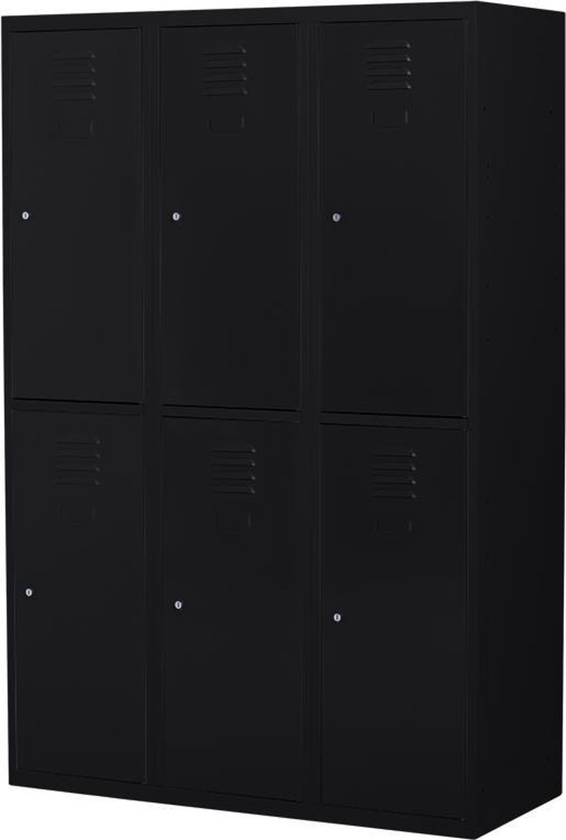 Povag Lockerkast metaal met slot Stalen lockerkast Locker 6 deurs 3 delig Zwart 180x120x50 cm LKP-1056