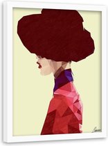 Foto in frame ,  Vrouw met rode hoed ,70x100cm , Multikleur , wanddecoratie