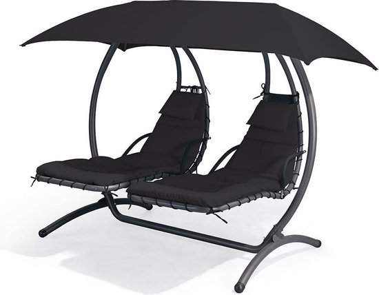 Feel Furniture - Dubbele hangende schommel ligstoel met parasol - Donkergrijs bol.com