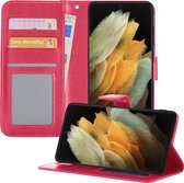 Samsung S21 Ultra Hoesje Book Case Hoes - Samsung Galaxy S21 Ultra Case Hoesje Wallet Cover - Donker Roze