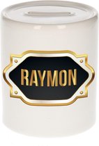 Raymon naam cadeau spaarpot met gouden embleem - kado verjaardag/ vaderdag/ pensioen/ geslaagd/ bedankt